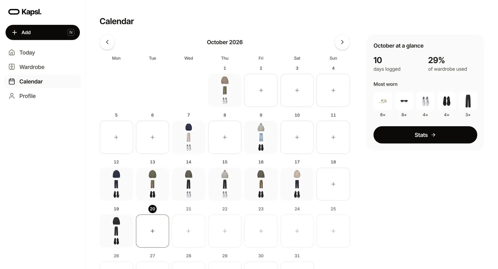 Kapsl on desktop: the calendar with a look on each logged day