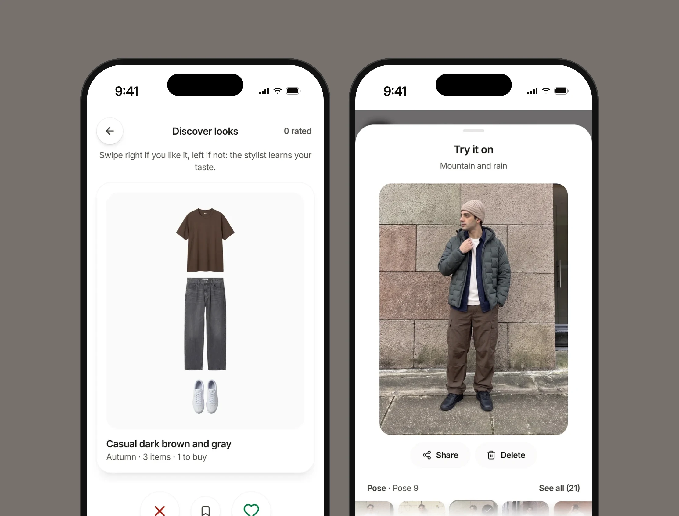 Kapsl on two iPhones: Discover, a look to like or skip, and the virtual try-on of a look on a real pose