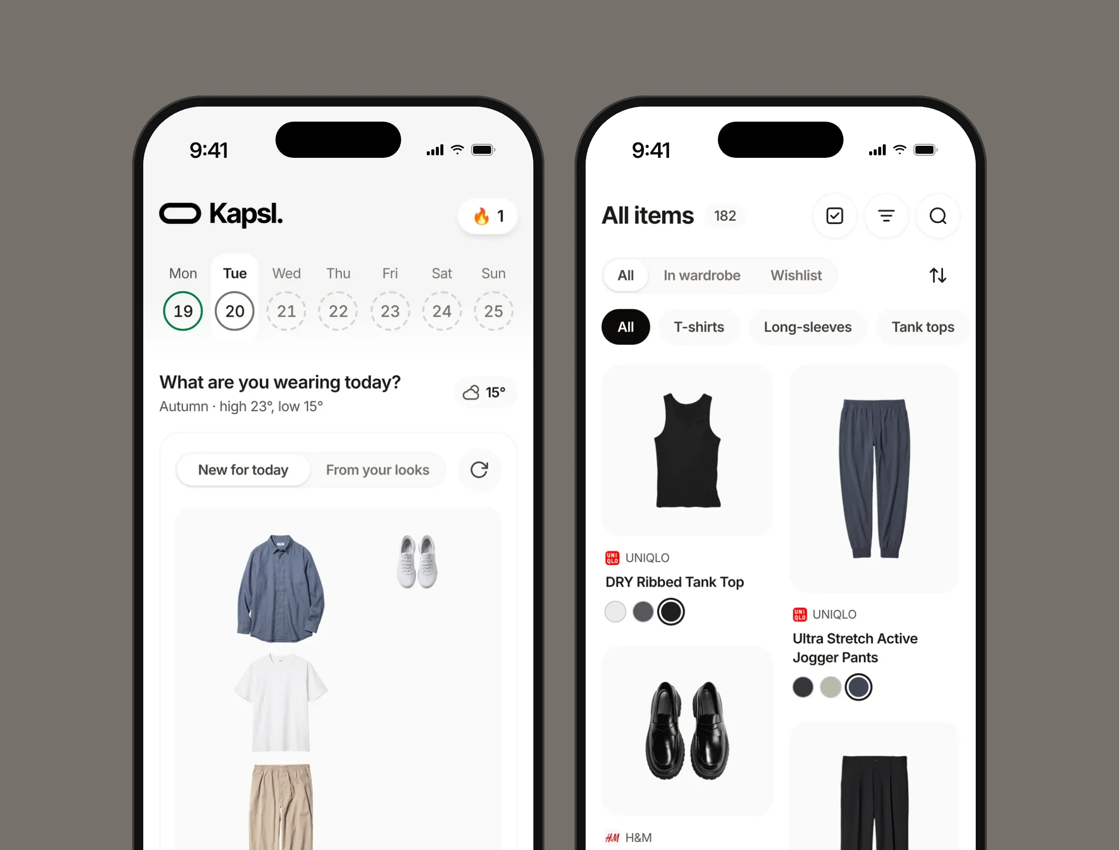 Kapsl on two iPhones: Today with the look of the day, and the wardrobe with every piece