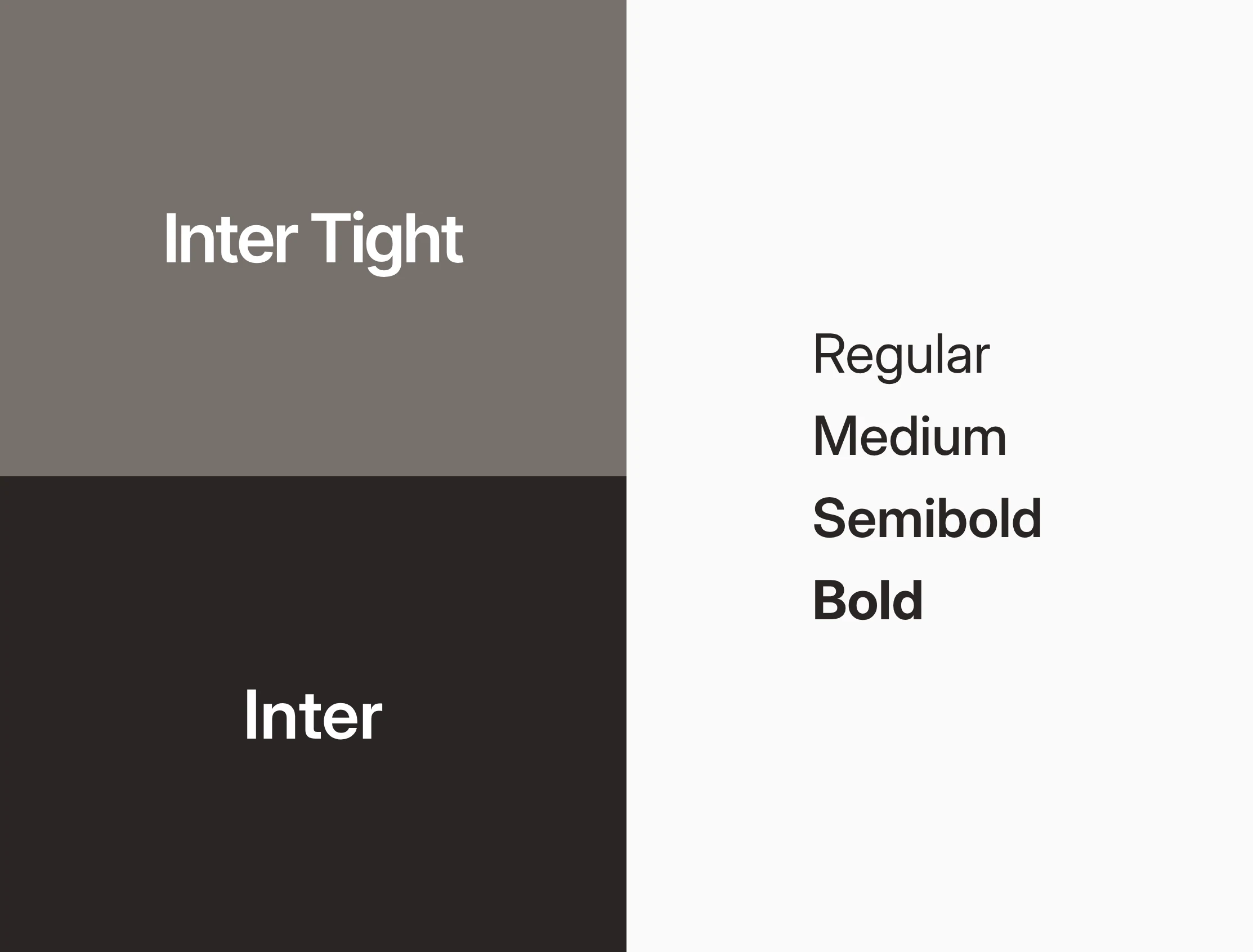 Typography of the design system: Inter Tight for display, Inter in Regular, Medium, Semibold and Bold