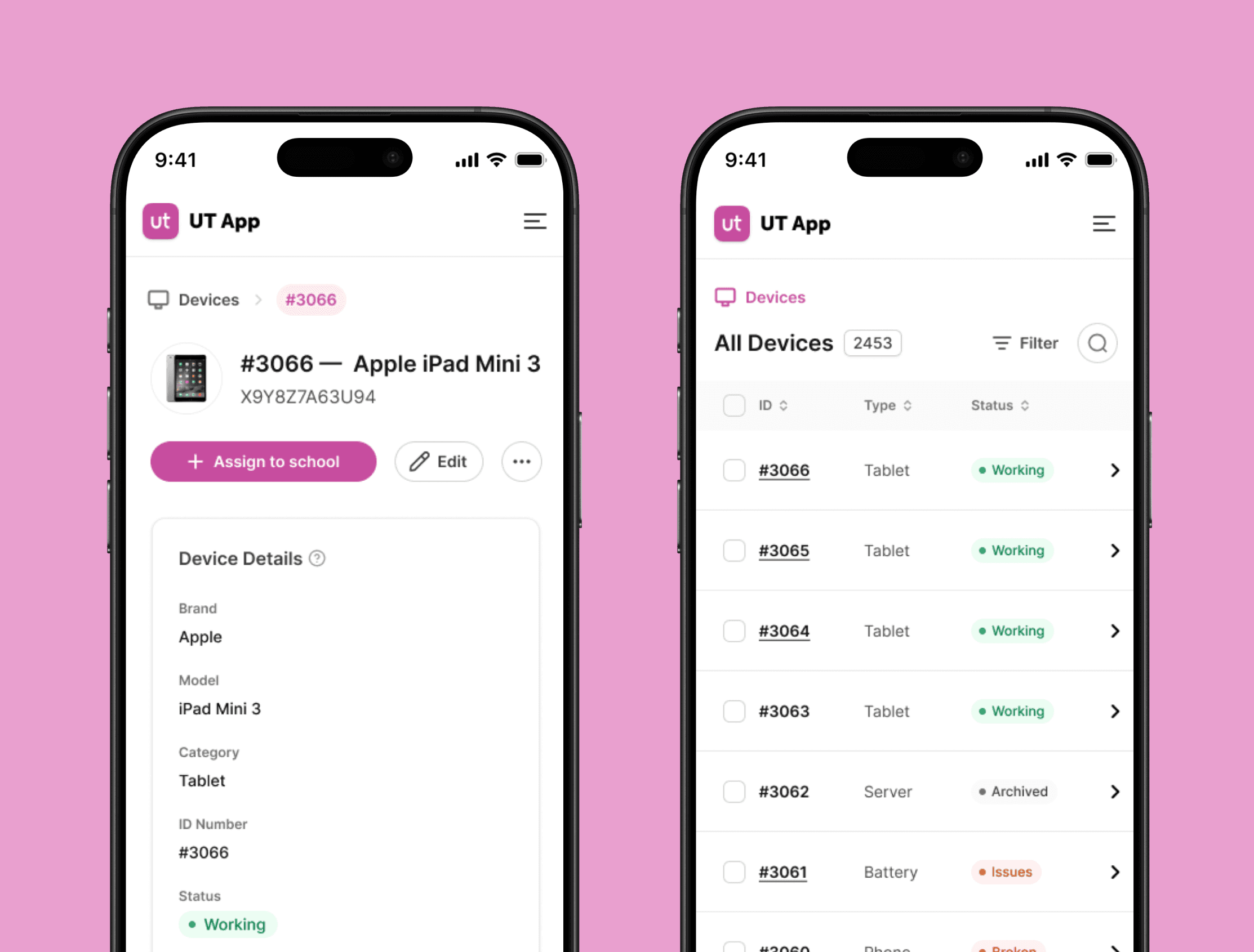 UT App mobile screens: device details and the list of all devices