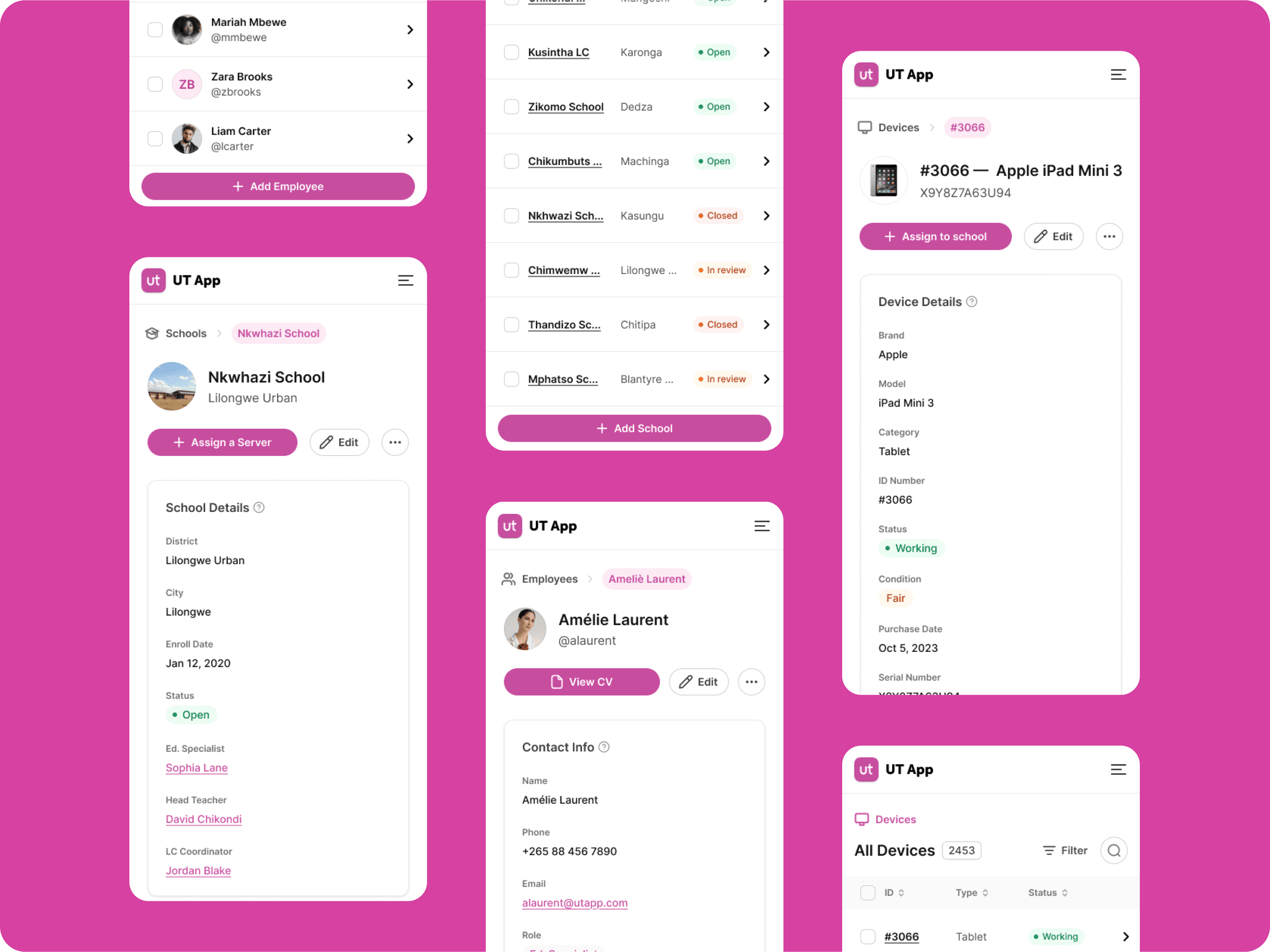 UT App screens: device details, school list and device status